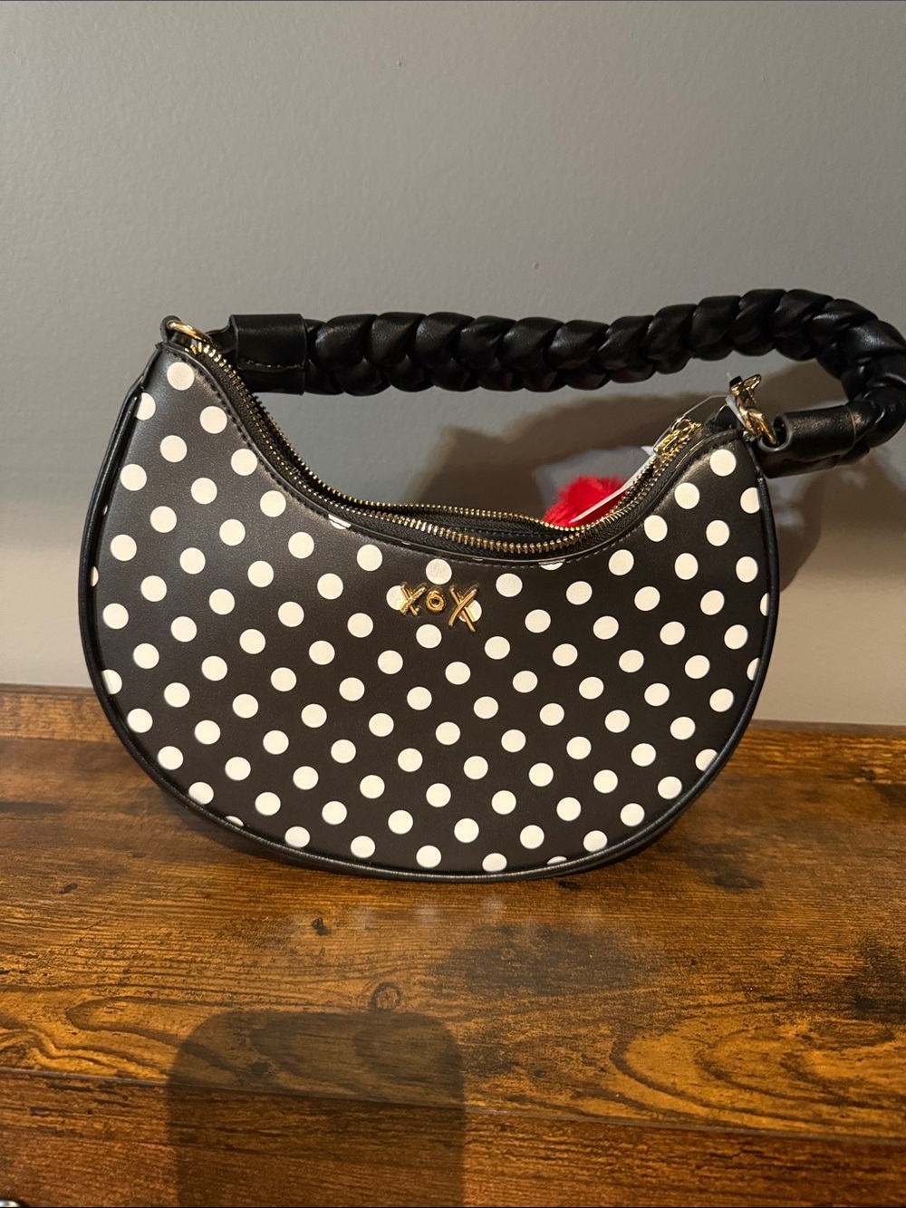 Betsey Johnson Black and White Polka Dot Crescent Shoulder Bag